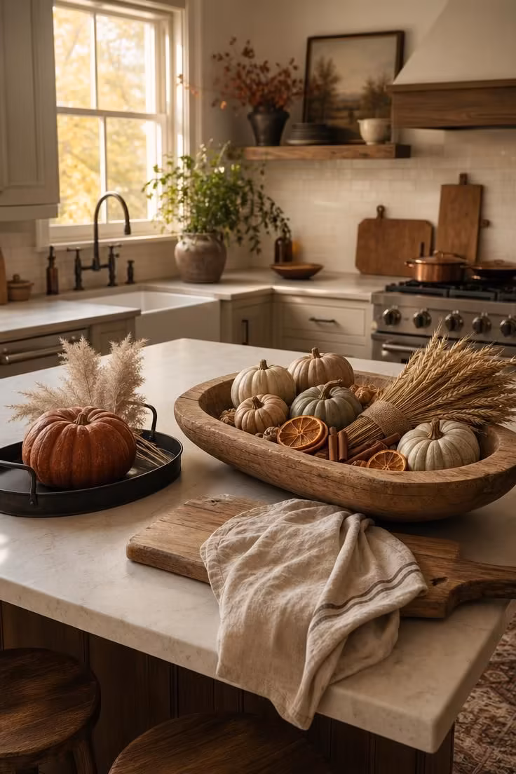 Simple Spaces 16 Cozy fall kitchen island with a wooden dough bowl of pumpkins, dried orange slices, pampas grass, and warm golden light.