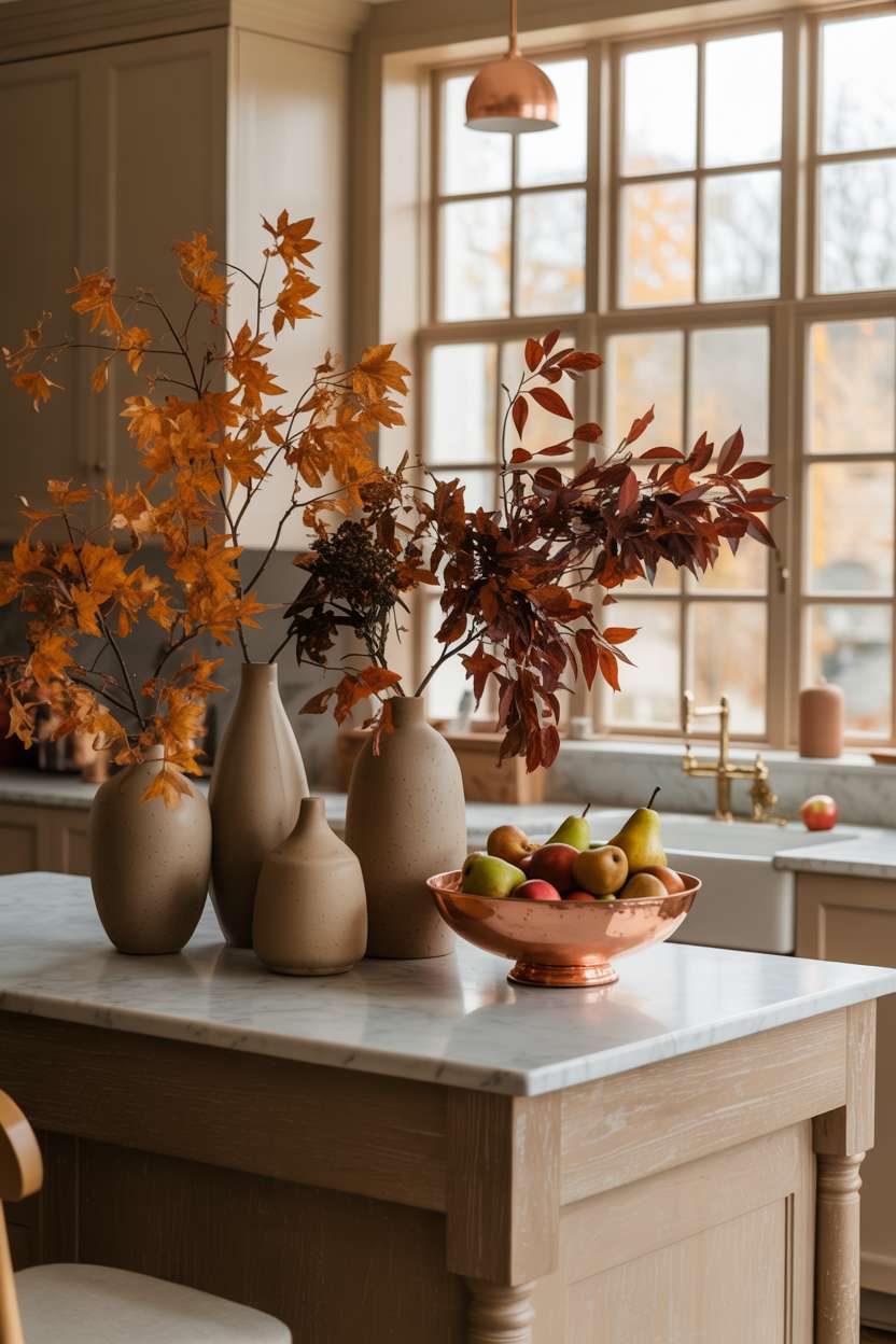 Modern kitchen island with marble countertop featuring ceramic vases with fall foliage and copper bowl of fruit