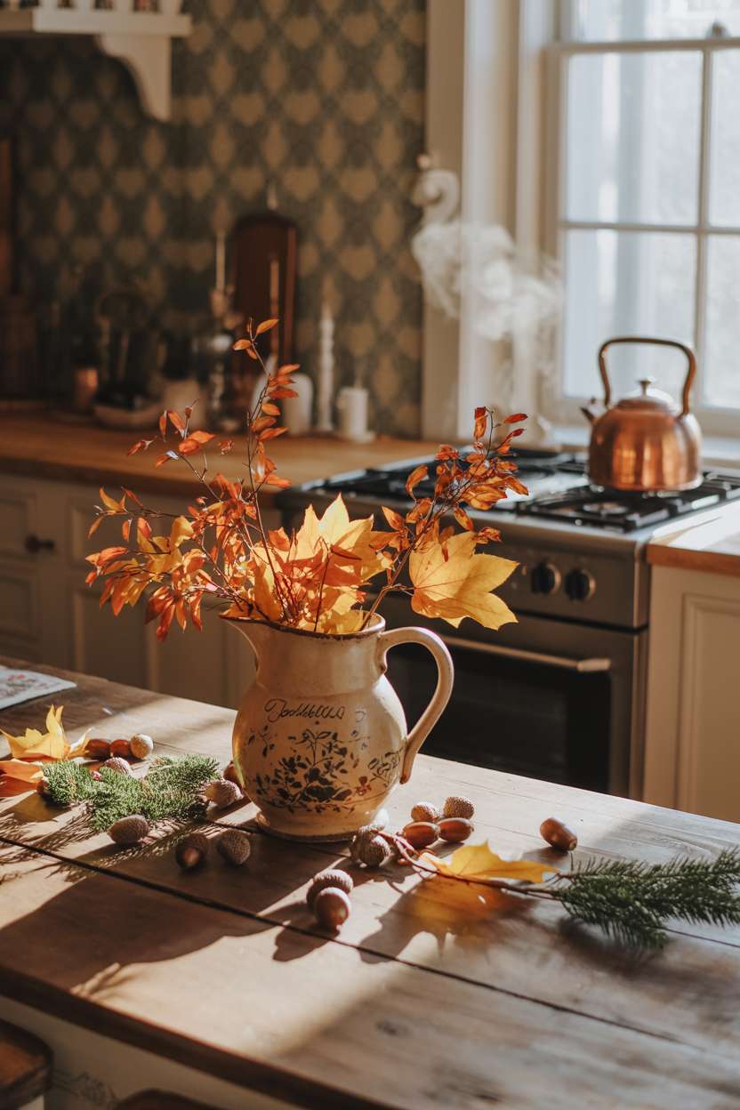Cozy fall kitchen featuring antique ceramic pitcher with dried leaves, scattered acorns, and steaming copper kettle