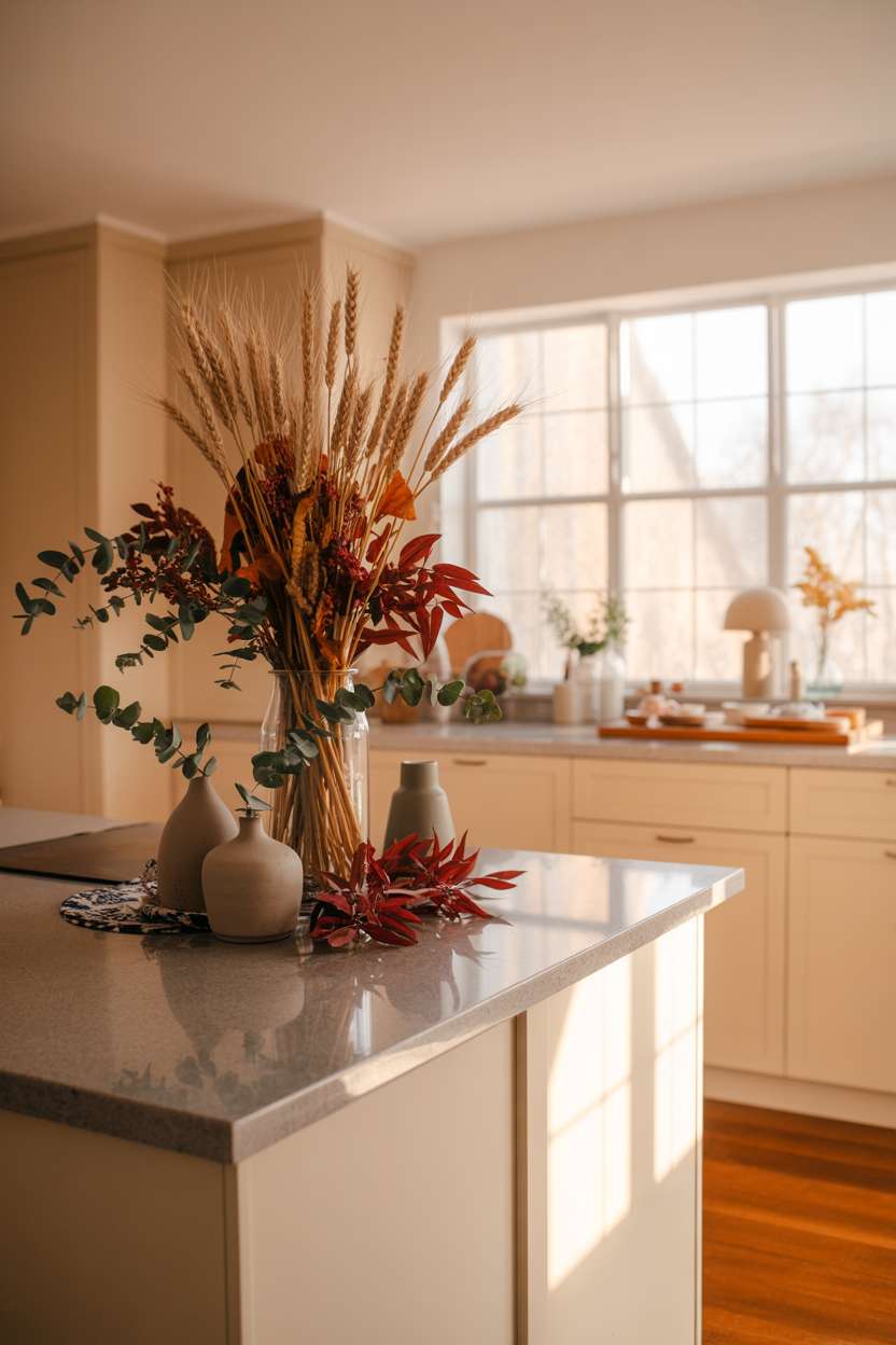 Contemporary kitchen island with grey granite countertop showcasing dried wheat stalks and burgundy leaves in ceramic vases