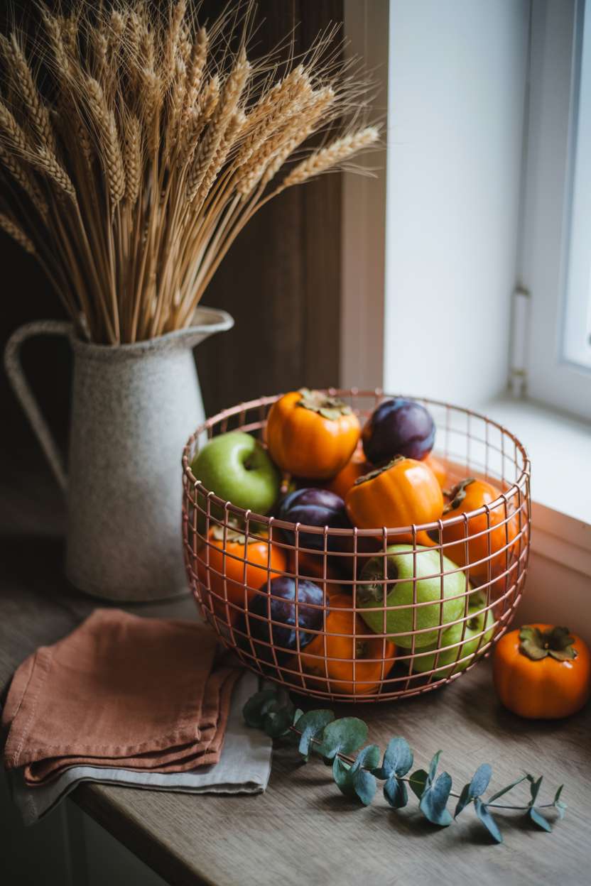 Kitchen countertop with copper wire fruit basket containing persimmons, plums, and apples alongside ceramic pitcher with wheat stalks