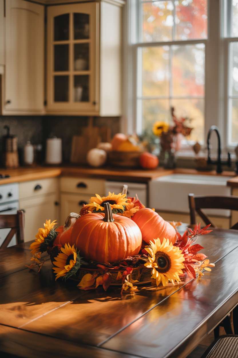 Rustic kitchen table featuring orange pumpkins, golden sunflowers, and crimson leaves creating a warm autumn centerpiece