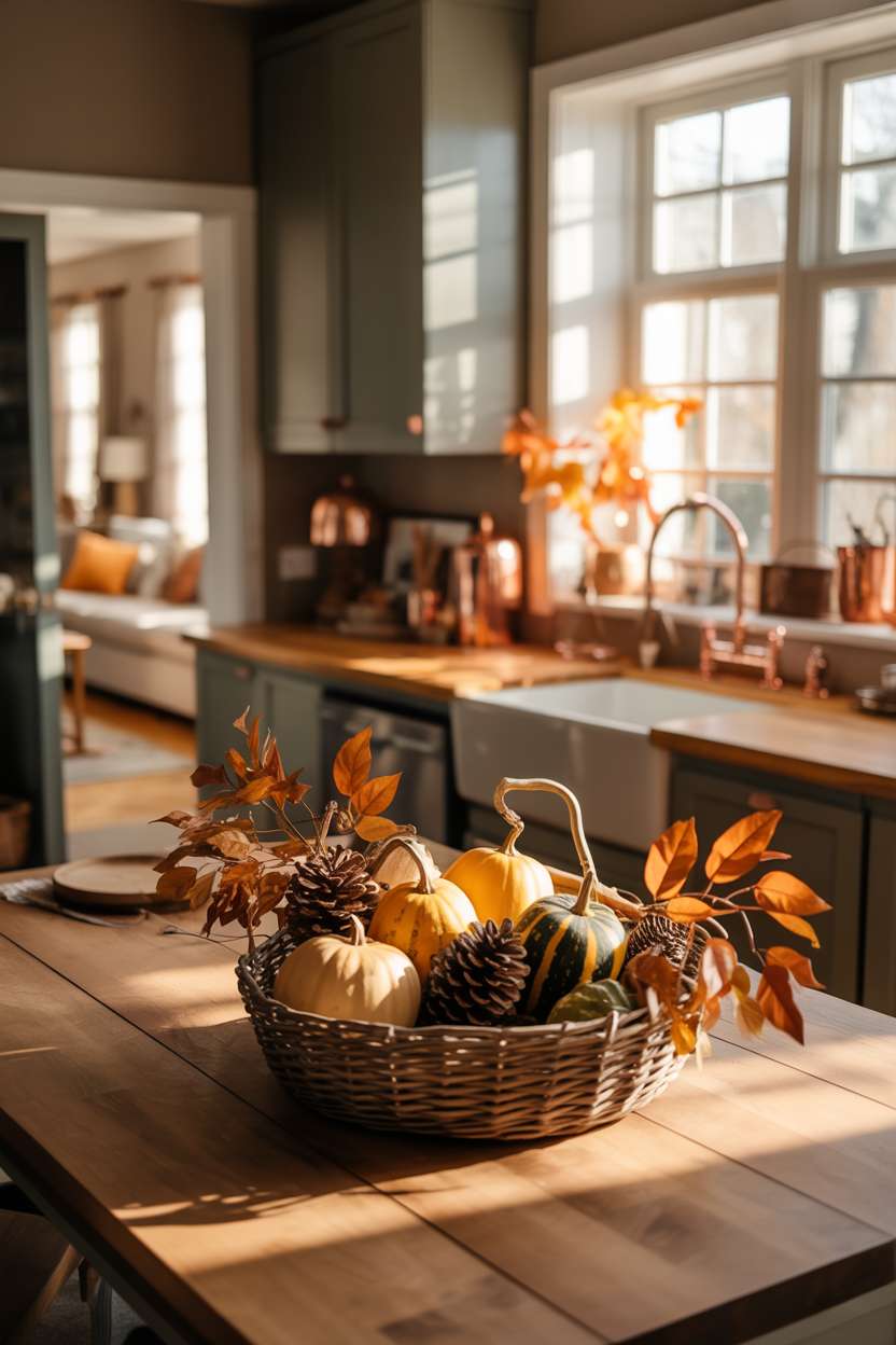 Fall kitchen viewed from above showing wooden table with woven basket containing gourds, pinecones, and amber leaves