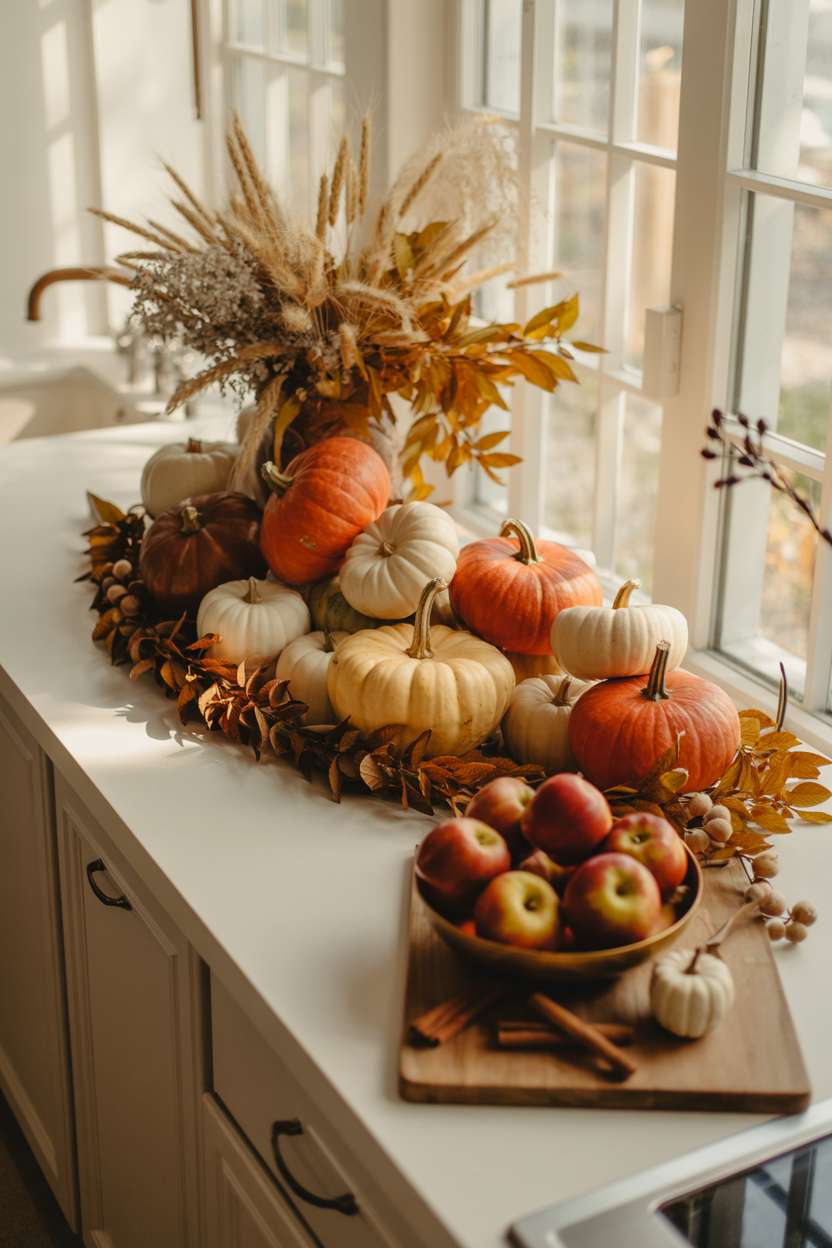 Kitchen island decorated with pumpkins in orange, cream, and burgundy hues, plus dried wheat and wooden cutting board with apples