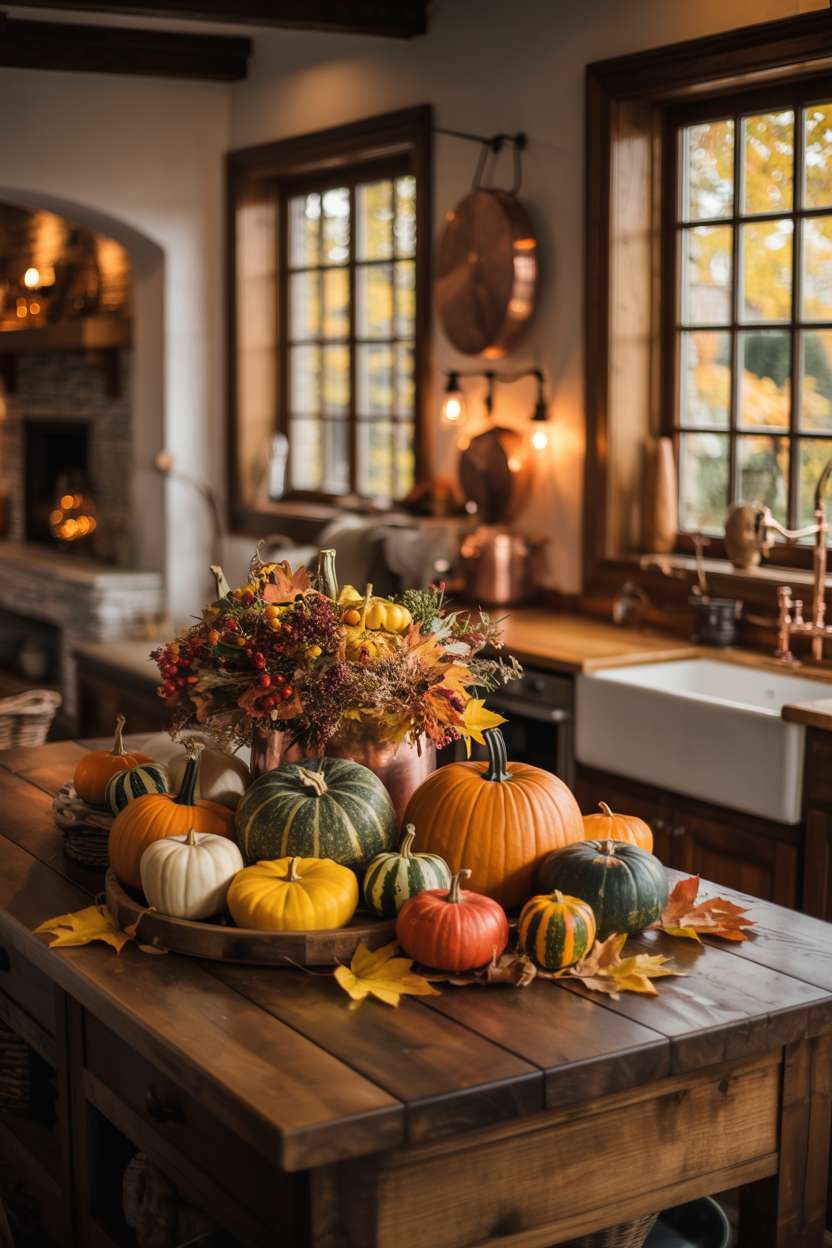 Kitchen island centerpiece with pumpkins, gourds, and autumn leaves, with view of stone fireplace in background