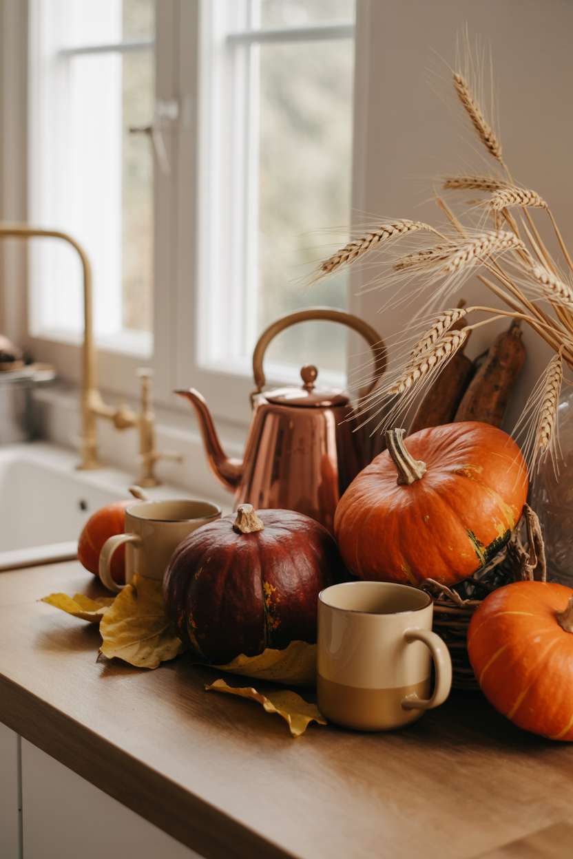 Kitchen countertop with orange pumpkins, burgundy gourds, golden wheat stalks, copper teapot, and cream mugs