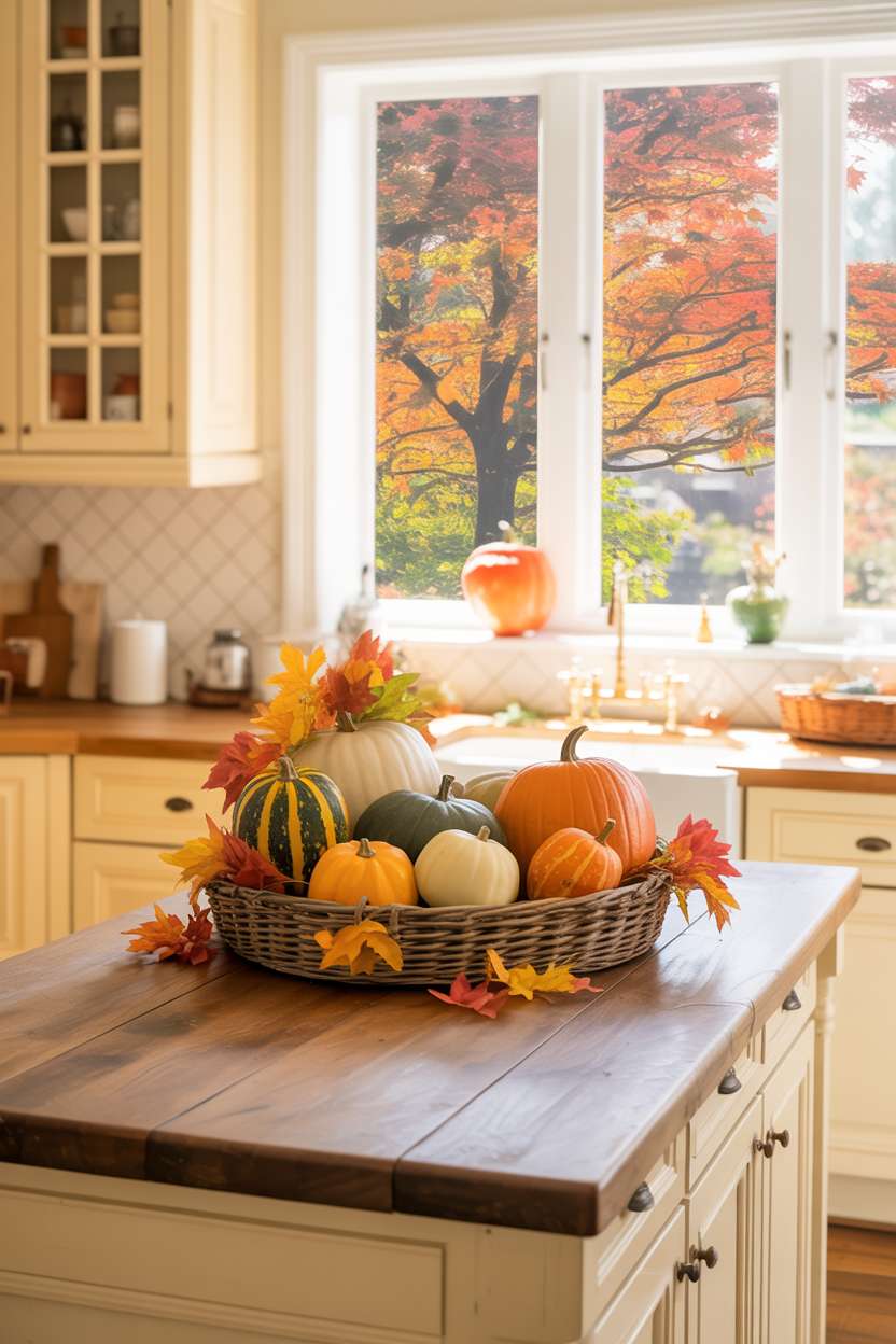 Wide view of fall kitchen with island displaying pumpkins and fall leaves in woven basket, overlooking maple tree outside
