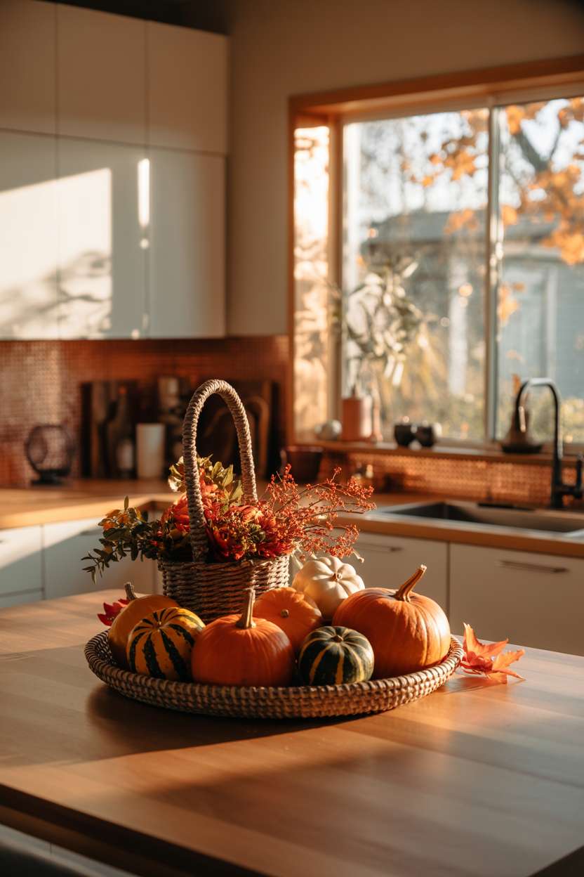 Modern kitchen with island centerpiece featuring pumpkins, gourds, and fall foliage in woven basket, with view of outdoor garden