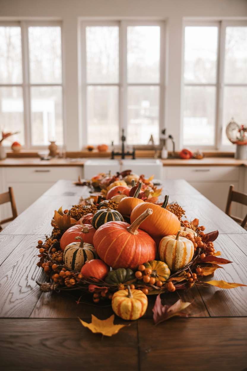 Large wooden table in modern kitchen displaying vibrant arrangement of pumpkins, gourds, and dried leaves