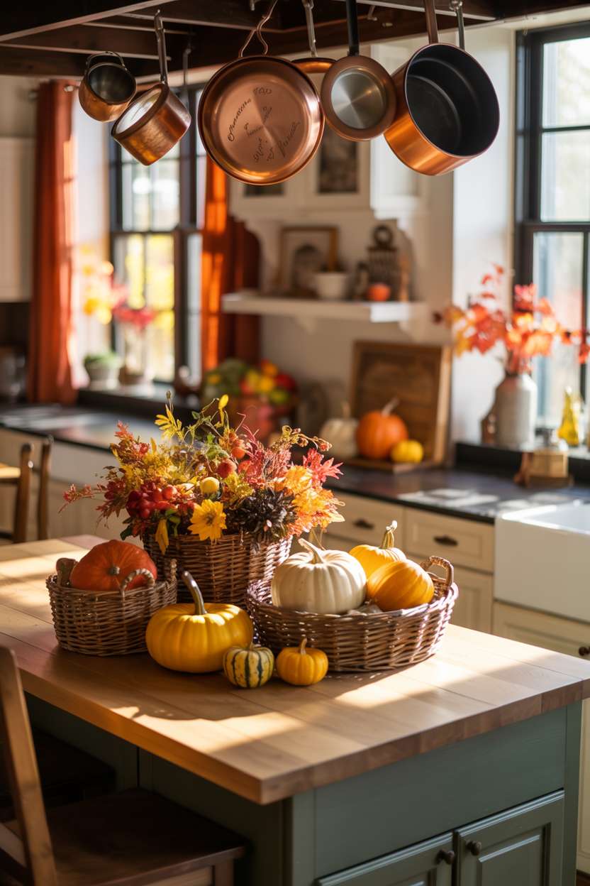 Kitchen island with pumpkins, gourds, and fall foliage in woven baskets, featuring copper cookware and granite countertop