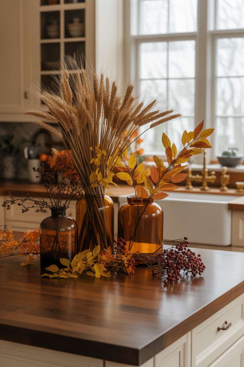 Kitchen island with walnut countertop featuring dried wheat stalks, amber glass vases with fall leaves, and burgundy berries