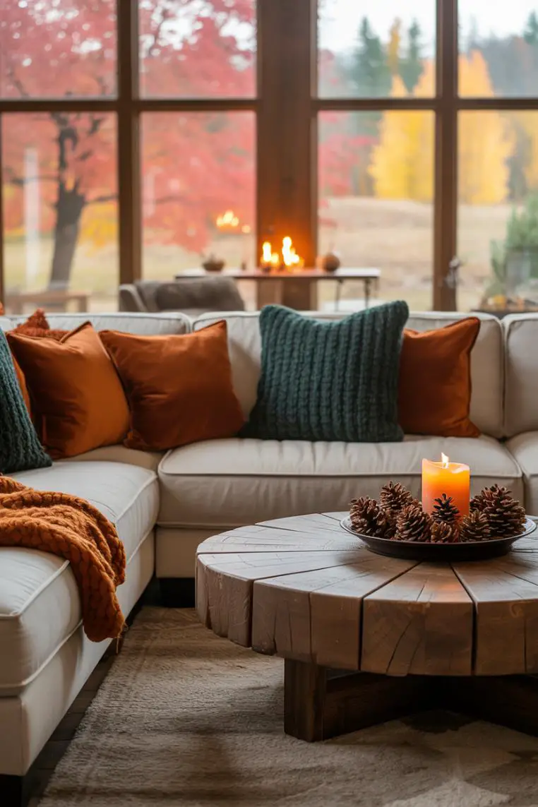 21 Cozy Fall Living Room Decor Ideas to Try This Year 1 Cozy cream sectional sofa with burnt orange and teal throw pillows, rustic coffee table with pinecones and candle, fireplace glowing in background with autumn landscape visible through large windows