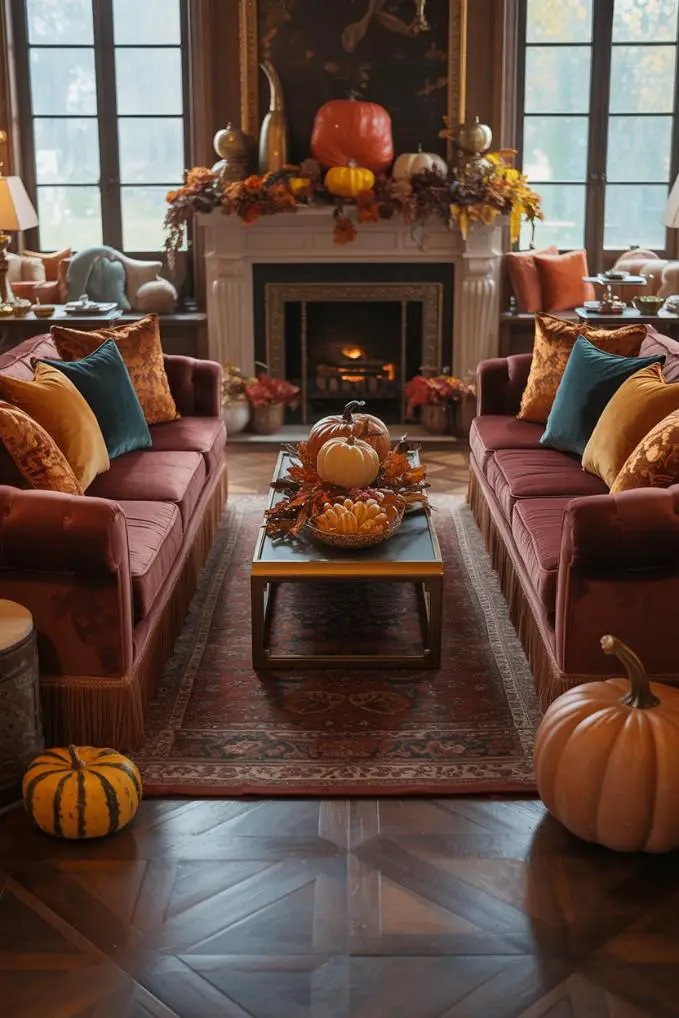 21 Cozy Fall Living Room Decor Ideas to Try This Year 2 Elegant living room with burgundy velvet furniture around ornate fireplace, Persian rug, handcrafted pumpkins and fall arrangements, natural light streaming through large windows