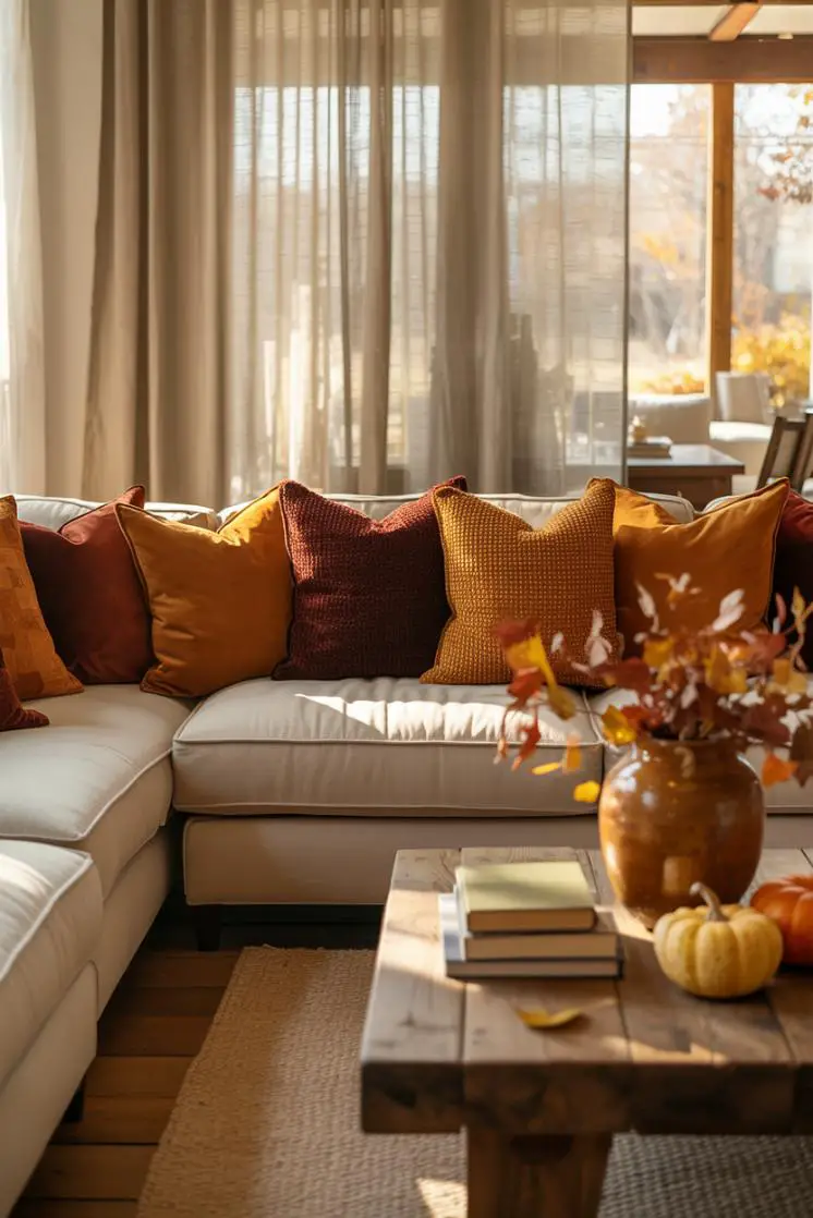 21 Cozy Fall Living Room Decor Ideas to Try This Year 3 Cream sectional sofa with textured throw pillows in burgundy, orange, and mustard yellow, rustic coffee table with books and ceramic vase filled with dried leaves and pumpkins