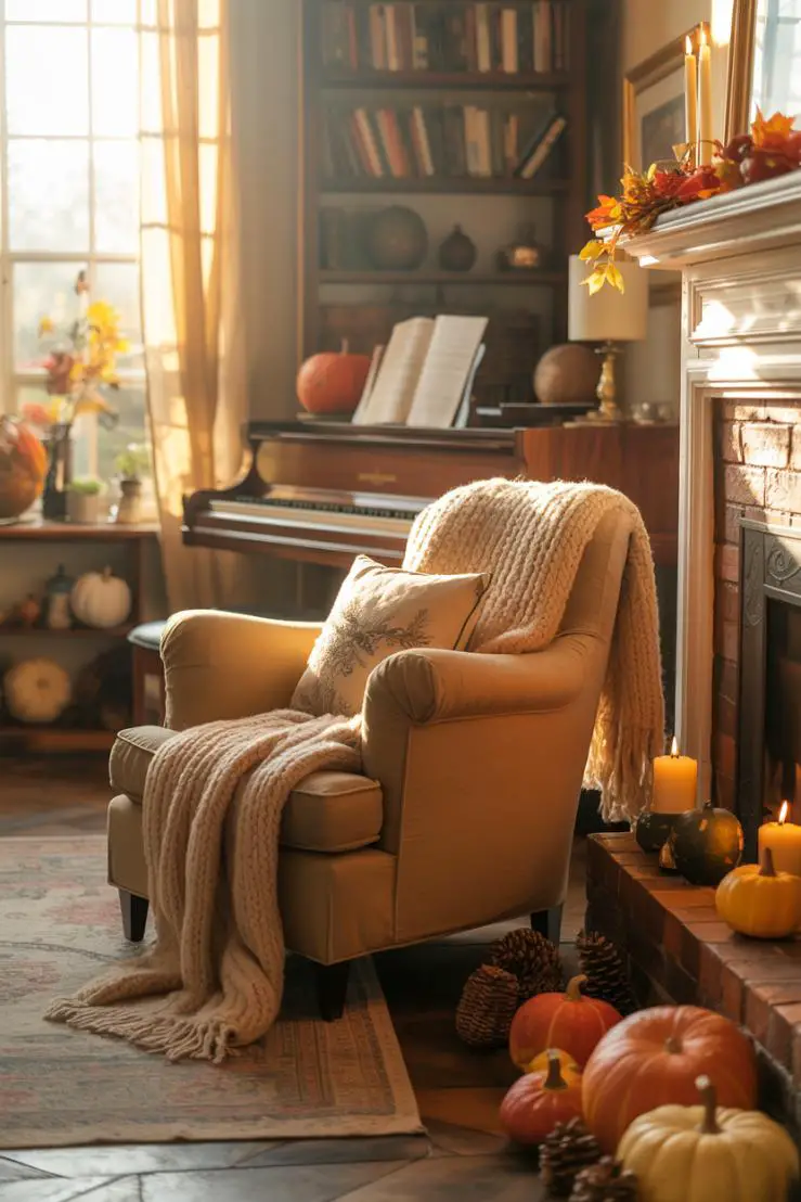 21 Cozy Fall Living Room Decor Ideas to Try This Year 4 Oversized cream armchair with throw blanket near crackling fireplace, autumn foliage on mantelpiece, scattered pumpkins and gourds, grand piano and bookshelves in soft background