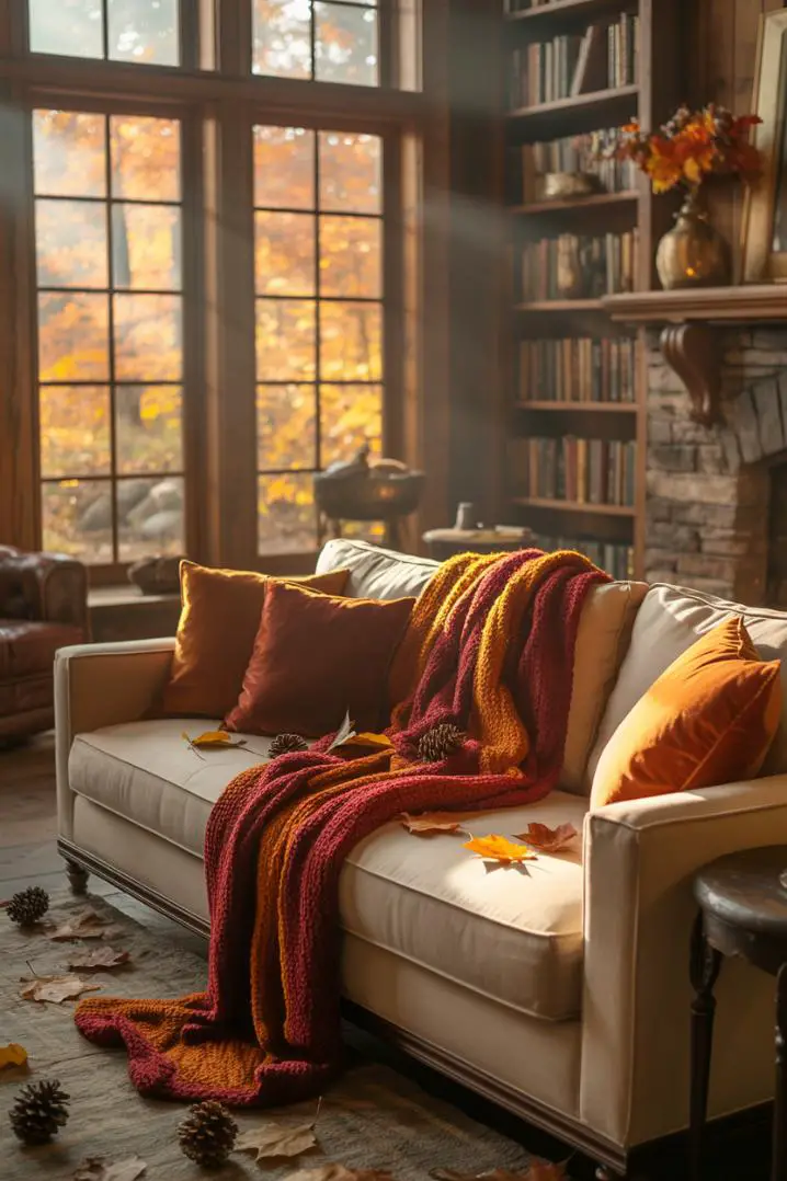 21 Cozy Fall Living Room Decor Ideas to Try This Year 5 Cream sofa with burnt orange and crimson knit throw, scattered autumn leaves and pinecones, stone fireplace with fire, vintage bookshelf, large windows overlooking a colorful fall forest