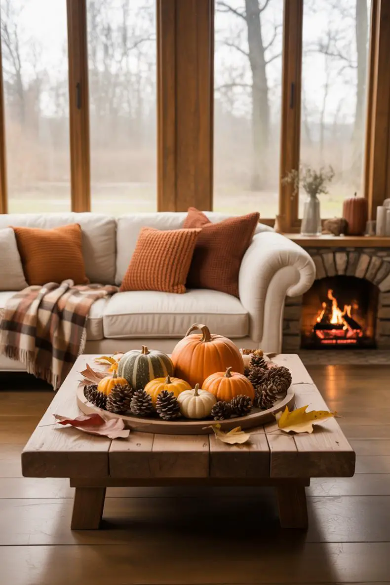 21 Cozy Fall Living Room Decor Ideas to Try This Year 6 Long-distance view of cream sofa with orange and brown knit pillows and plaid blanket, wooden coffee table with pumpkins and pinecones, stone fireplace with crackling fire