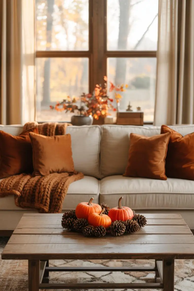 21 Cozy Fall Living Room Decor Ideas to Try This Year 7 Cream sofa centered in room with burnt orange and brown throw pillows, chunky knit blanket, rustic coffee table with pinecones and orange pumpkins, autumn foliage visible through large window