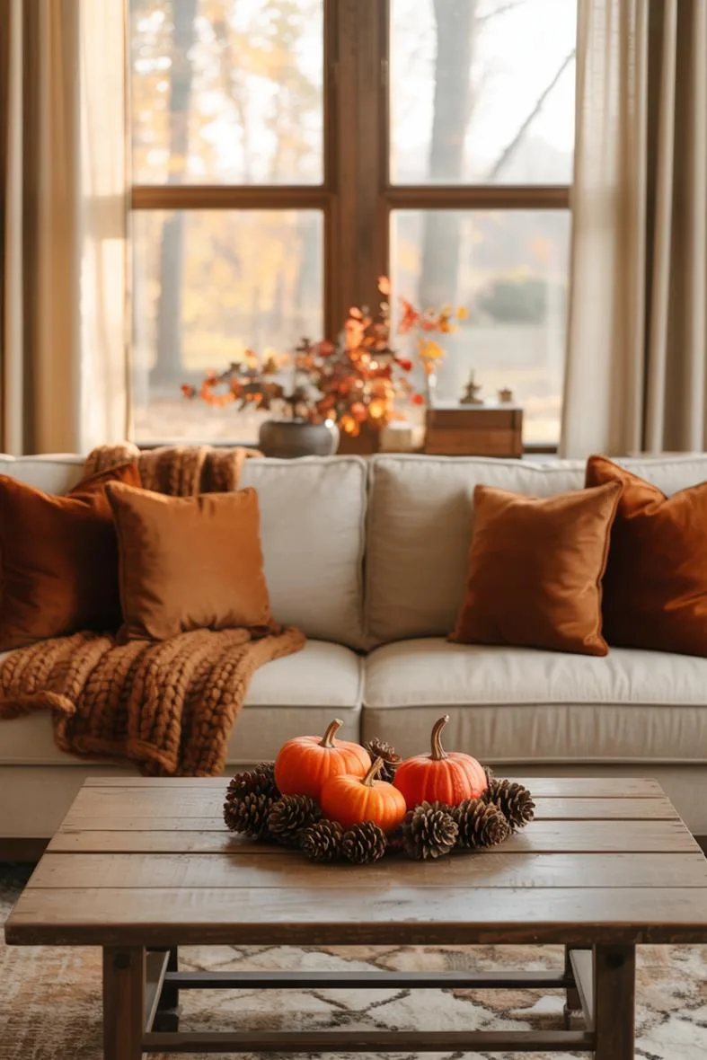 Cream sofa centered in room with burnt orange and brown throw pillows, chunky knit blanket, rustic coffee table with pinecones and orange pumpkins, autumn foliage visible through large window