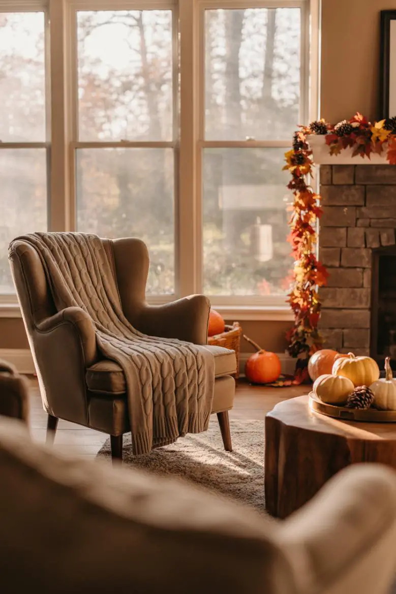 21 Cozy Fall Living Room Decor Ideas to Try This Year 8 Cable-knit blanket draped over oversized armchair facing stone fireplace with autumn leaf garland, pumpkins and gourds on wooden coffee table, soft ambient lighting