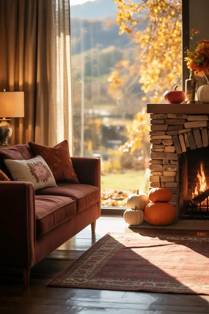 21 Cozy Fall Living Room Decor Ideas to Try This Year 9 Deep burgundy velvet sofa facing stone fireplace with pumpkins and gourds, Persian rug on hardwood floor, golden light through linen curtains, autumn landscape visible outside
