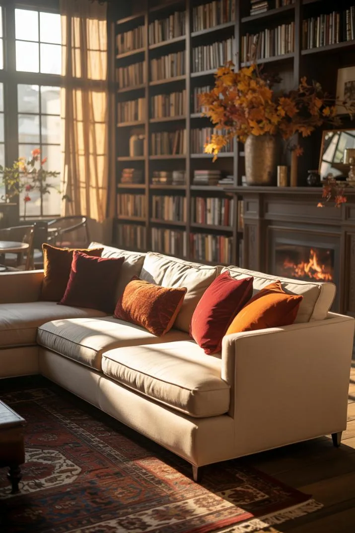 Cream sectional with crimson and orange throw pillows, floor-to-ceiling bookshelf with leather books and autumn foliage, crackling fireplace, Persian rug, light through linen curtains