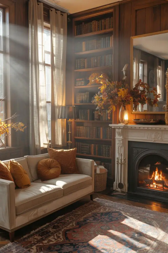 21 Cozy Fall Living Room Decor Ideas to Try This Year 11 Cream velvet sofa facing ornate fireplace with crackling fire, antique wooden bookshelves with leather books and autumn foliage, soft sunlight through linen curtains