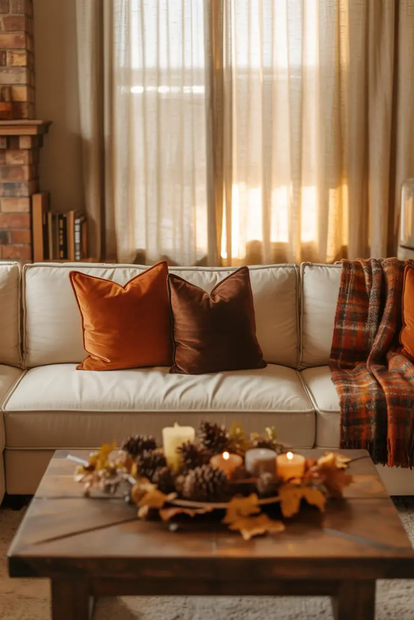 21 Cozy Fall Living Room Decor Ideas to Try This Year 12 Cream sectional with orange and brown pillows and knit blanket, rustic coffee table with pinecones, dried leaves, and candles, brick fireplace and tall bookshelves in background