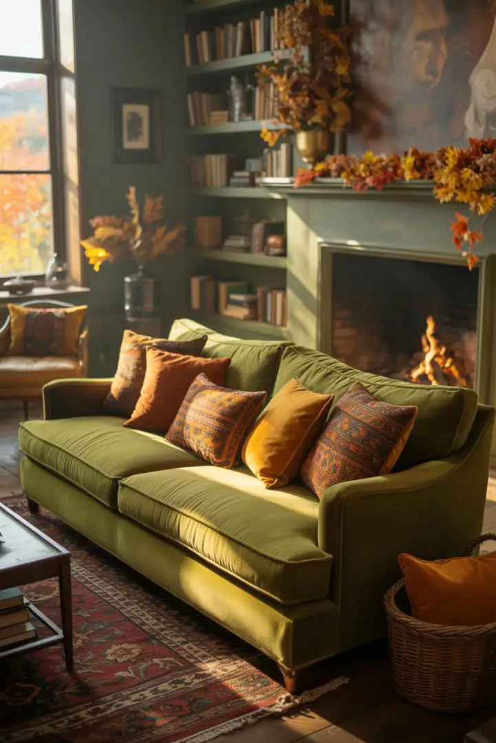 21 Cozy Fall Living Room Decor Ideas to Try This Year 13 Deep emerald green velvet sofa with autumn-colored throw pillows in orange, yellow, and brown, large fireplace with antique books and fall foliage, Persian rug, window overlooking leaf-covered landscape
