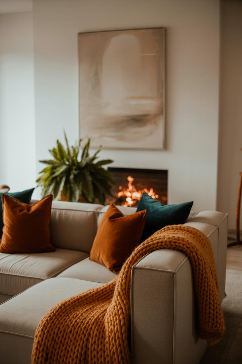 21 Cozy Fall Living Room Decor Ideas to Try This Year 14 Dove-gray sectional with chunky knit throw and orange and teal pillows, abstract painting above fireplace with crackling fire, large leafy fern, soft bokeh background effect