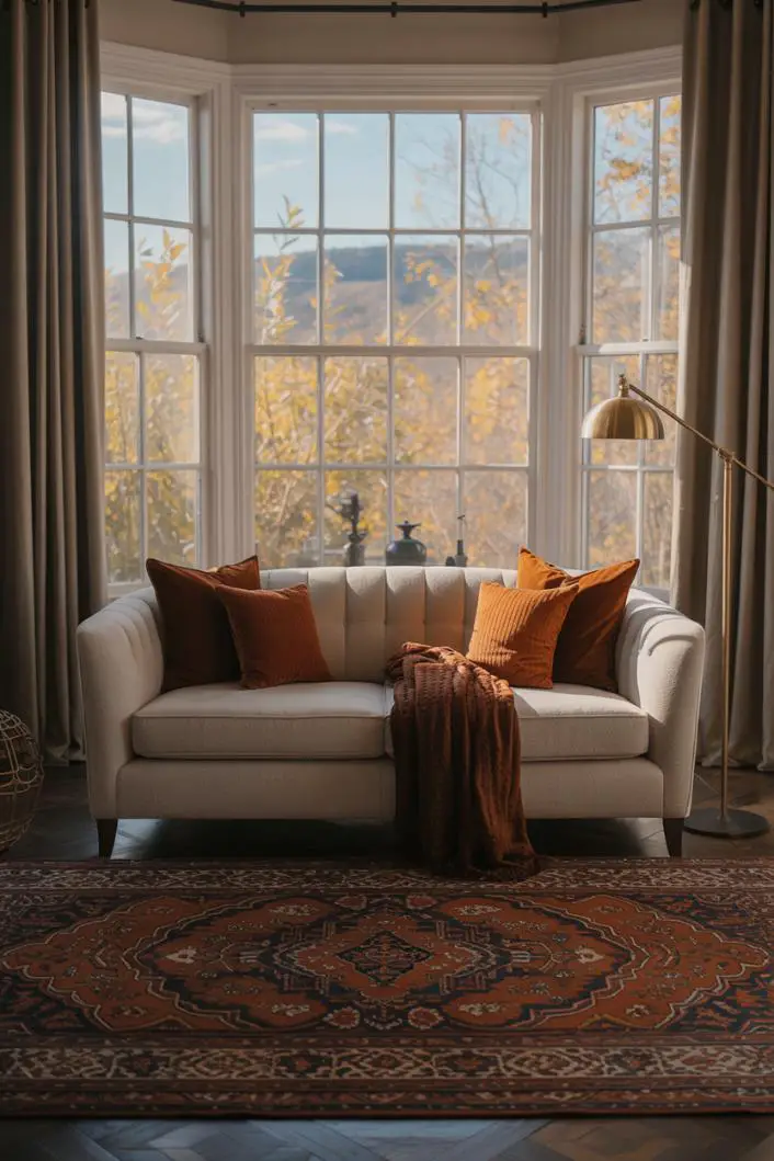 21 Cozy Fall Living Room Decor Ideas to Try This Year 15 Cream sofa with orange and brown throw pillows and thick knit blanket, patterned Persian rug, brass floor lamp, bay window showing golden foliage and blue sky