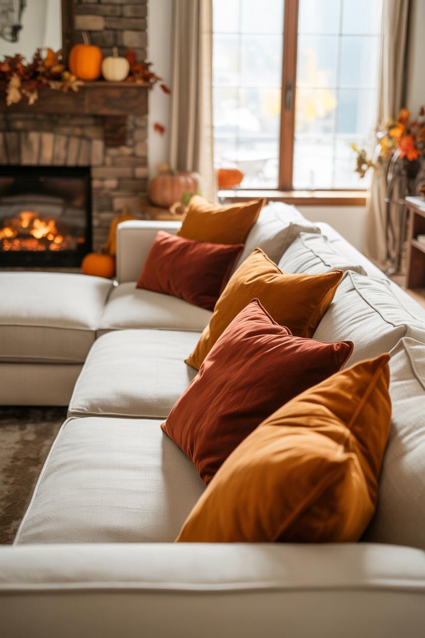 21 Cozy Fall Living Room Decor Ideas to Try This Year 16 Cream sectional with autumn-toned throw pillows in orange and burgundy, stone fireplace with wooden mantel decorated with pumpkins and dried leaves, golden light through large window