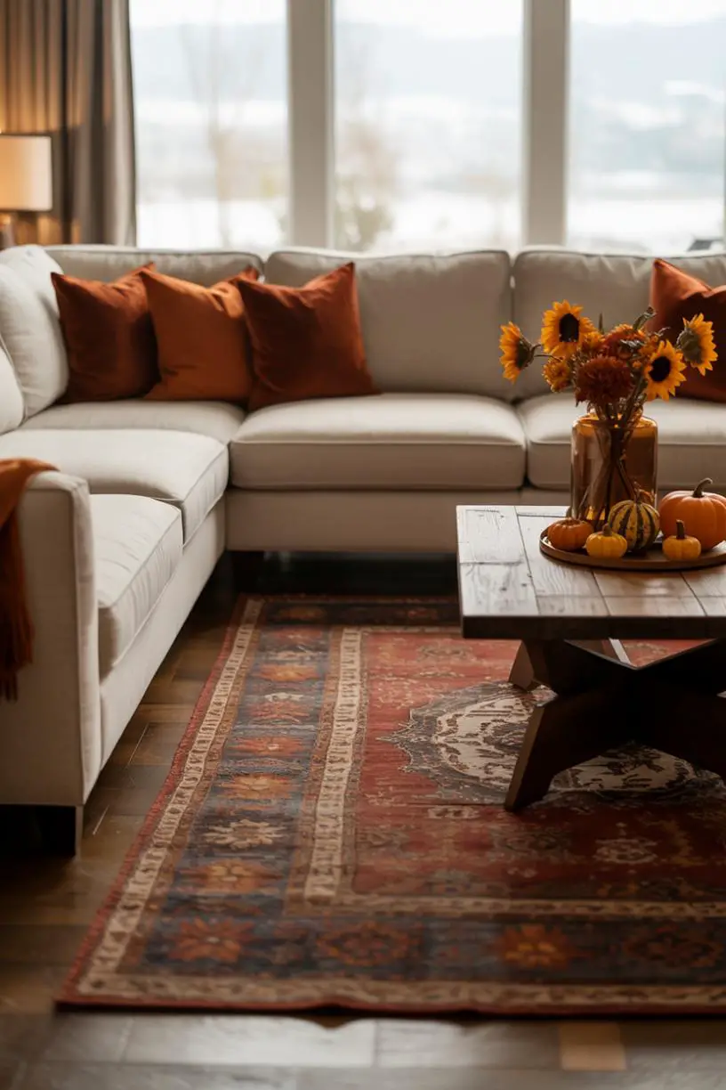 21 Cozy Fall Living Room Decor Ideas to Try This Year 17 Cream sectional with orange and brown throw pillows, autumn-colored woven rug, rustic coffee table with dried sunflowers in vase and pumpkins, natural light through large window