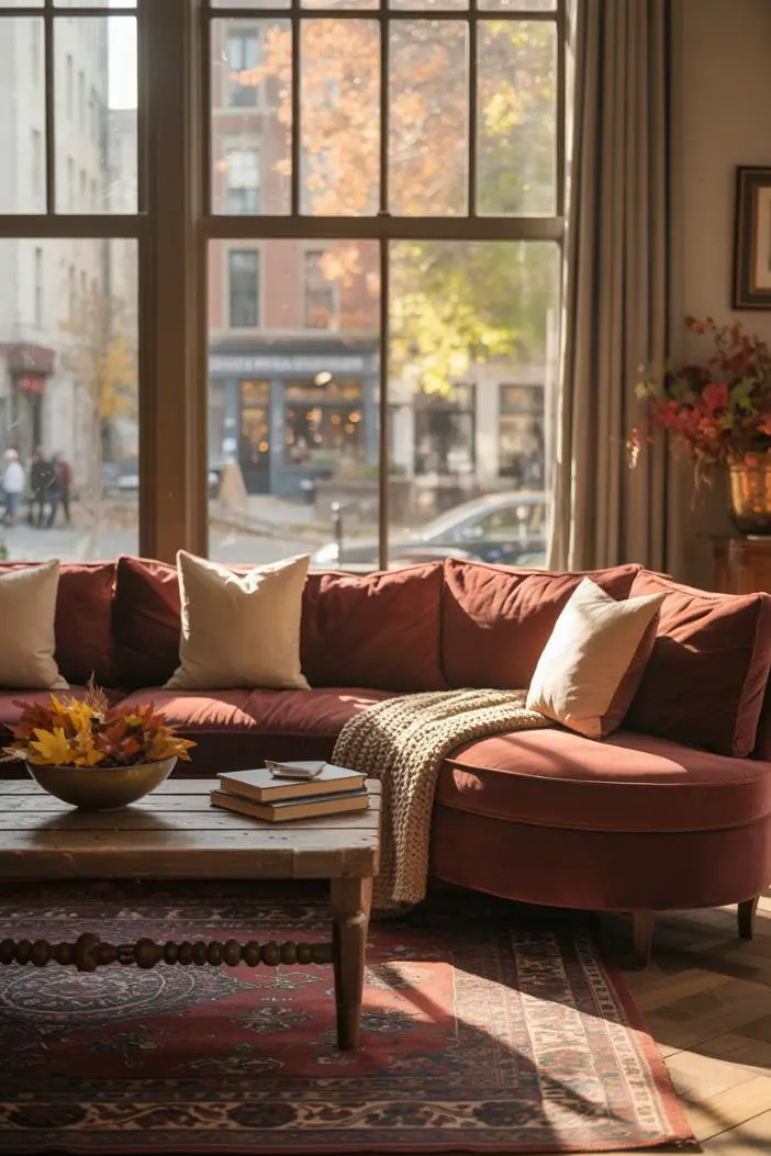 21 Cozy Fall Living Room Decor Ideas to Try This Year 18 Deep burgundy velvet sofa with cream pillows and chunky knit blanket around vintage Persian rug, wooden coffee table with fall foliage bowl and books, window view of autumn trees and cobblestone street