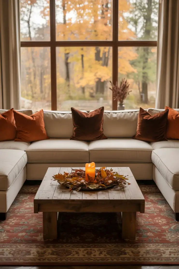 21 Cozy Fall Living Room Decor Ideas to Try This Year 19 Wide view of cream sectional with orange and brown throw pillows, large patterned area rug, rustic coffee table with dried leaves and flickering candle, window overlooking vibrant autumn forest