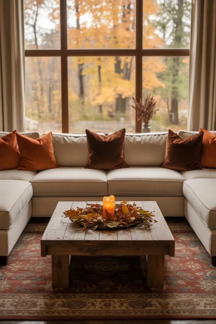 Wide view of cream sectional with orange and brown throw pillows, large patterned area rug, rustic coffee table with dried leaves and flickering candle, window overlooking vibrant autumn forest