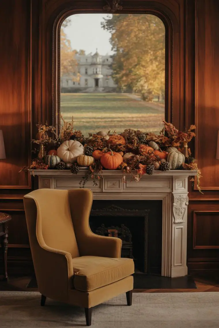 21 Cozy Fall Living Room Decor Ideas to Try This Year 20 Grand antique mahogany fireplace mantel with elaborate display of pumpkins, gourds, pinecones, and fall foliage, oversized velvet armchair, arched window view of golden garden and stone mansion