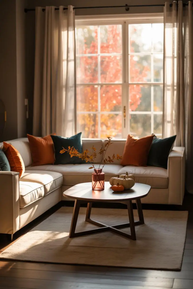 21 Cozy Fall Living Room Decor Ideas to Try This Year 21 Small cream sectional with orange and teal throw pillows, modern dark wood coffee table with dried leaves in vase and scattered pumpkins, soft grey walls, autumn foliage view through window