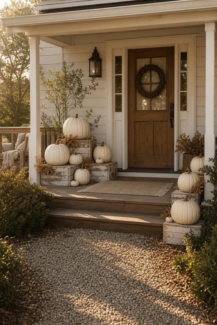 17 Cozy Fall Outdoor Decor Ideas for a Warm Welcome 1 Cluster of white pumpkins in three sizes stacked on weathered wood crates beside a farmhouse front door in golden light.