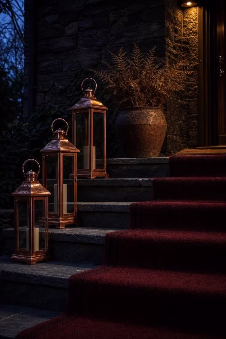 17 Cozy Fall Outdoor Decor Ideas for a Warm Welcome 2 Three staggered copper lanterns lining bluestone front steps at dusk with dried ferns and an oxblood runner.
