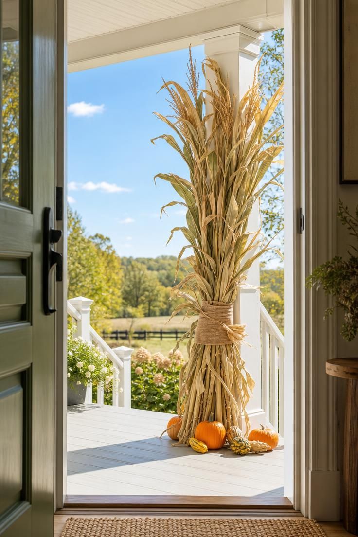17 Cozy Fall Outdoor Decor Ideas for a Warm Welcome 3 Dried corn stalks bundled around a white porch post with twine and burlap, small gourds at the base in bright daylight.