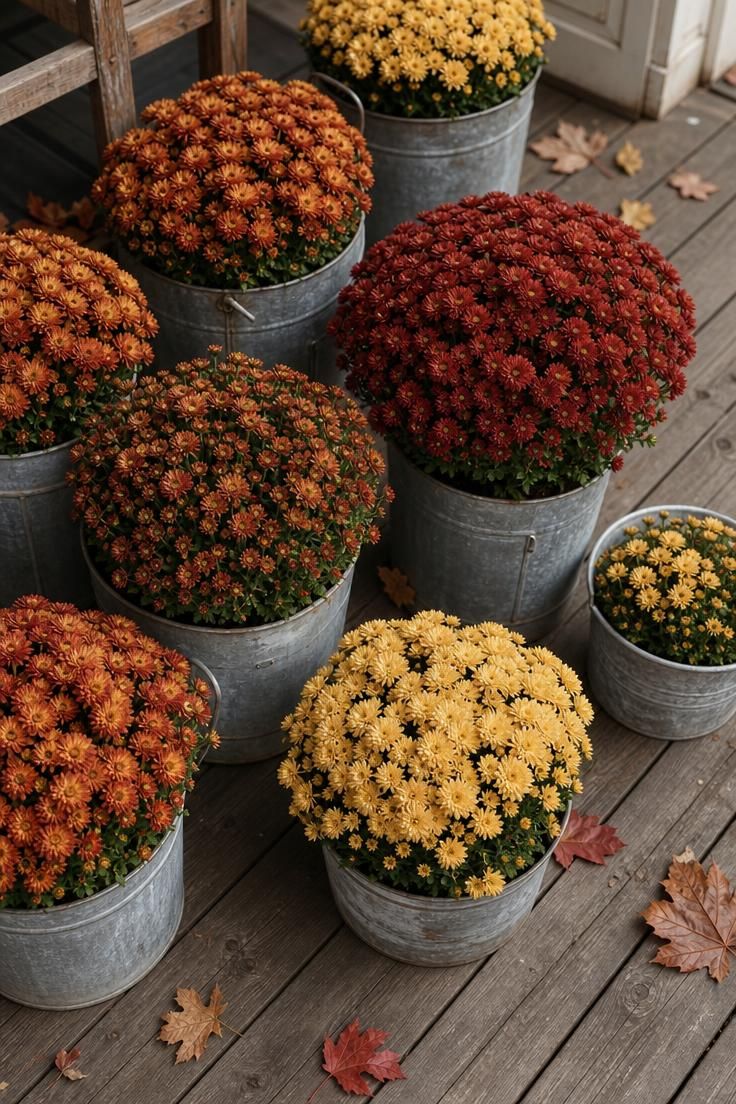 17 Cozy Fall Outdoor Decor Ideas for a Warm Welcome 4 Rust and yellow potted mums in galvanized buckets on a plank porch floor seen from above with scattered leaves.