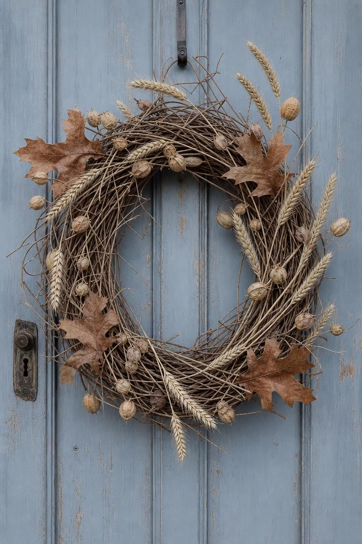 17 Cozy Fall Outdoor Decor Ideas for a Warm Welcome 5 Loose grapevine autumn wreath with dried wheat and seed pods on a weathered dove-blue door in flat overcast light.