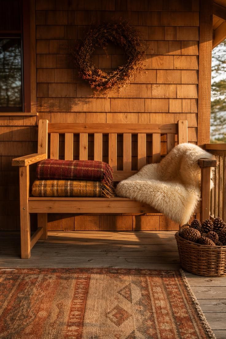 17 Cozy Fall Outdoor Decor Ideas for a Warm Welcome 6 Cedar porch bench layered with plaid wool throws and a sheepskin in warm golden light, pinecones in a basket beside it.