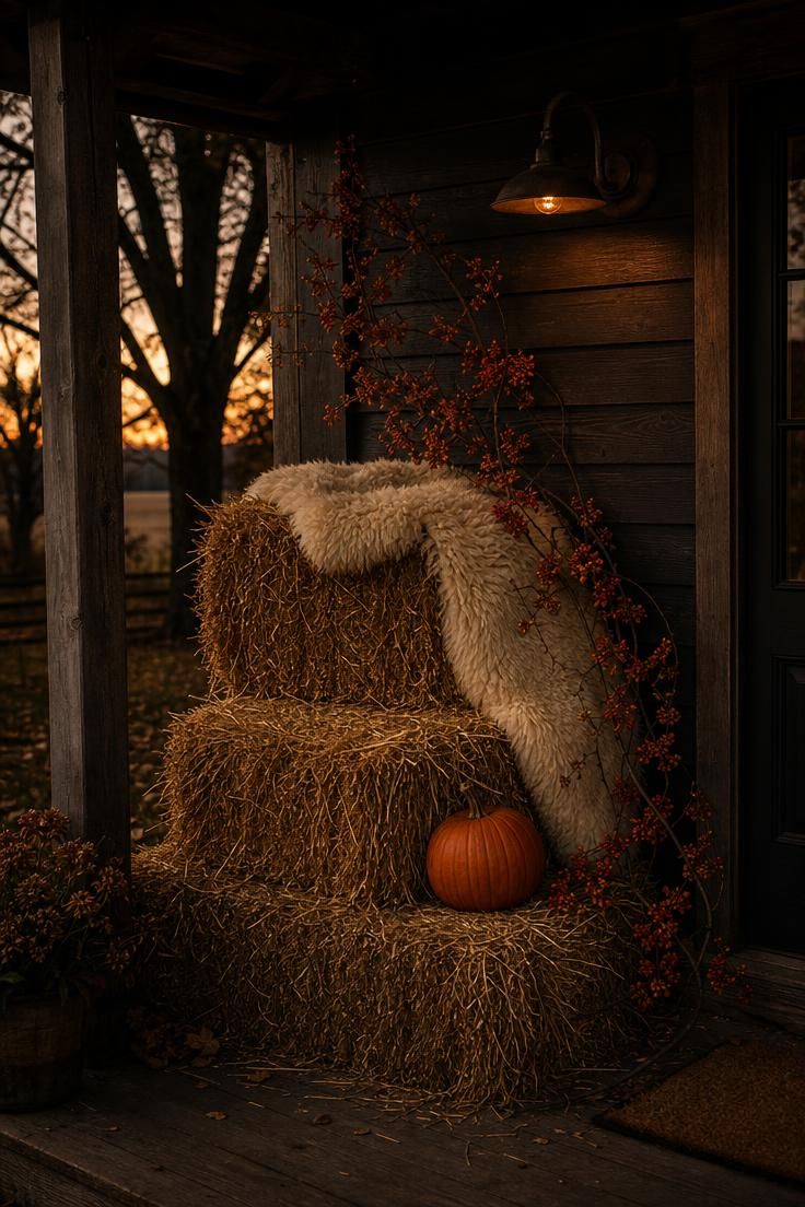 17 Cozy Fall Outdoor Decor Ideas for a Warm Welcome 7 Two stacked hay bales softened with a cream sheepskin and trailing bittersweet vine in low evening light.