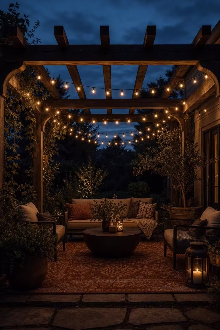 17 Cozy Fall Outdoor Decor Ideas for a Warm Welcome 9 Warm string lights swagged across a cedar pergola over a small patio at dusk with a rust outdoor rug below.