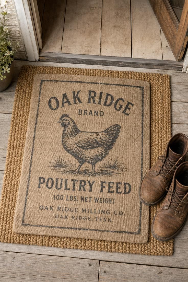 17 Cozy Fall Outdoor Decor Ideas for a Warm Welcome 10 Printed feed-sack doormat layered over a natural sisal mat at a wood threshold with worn leather boots beside it.