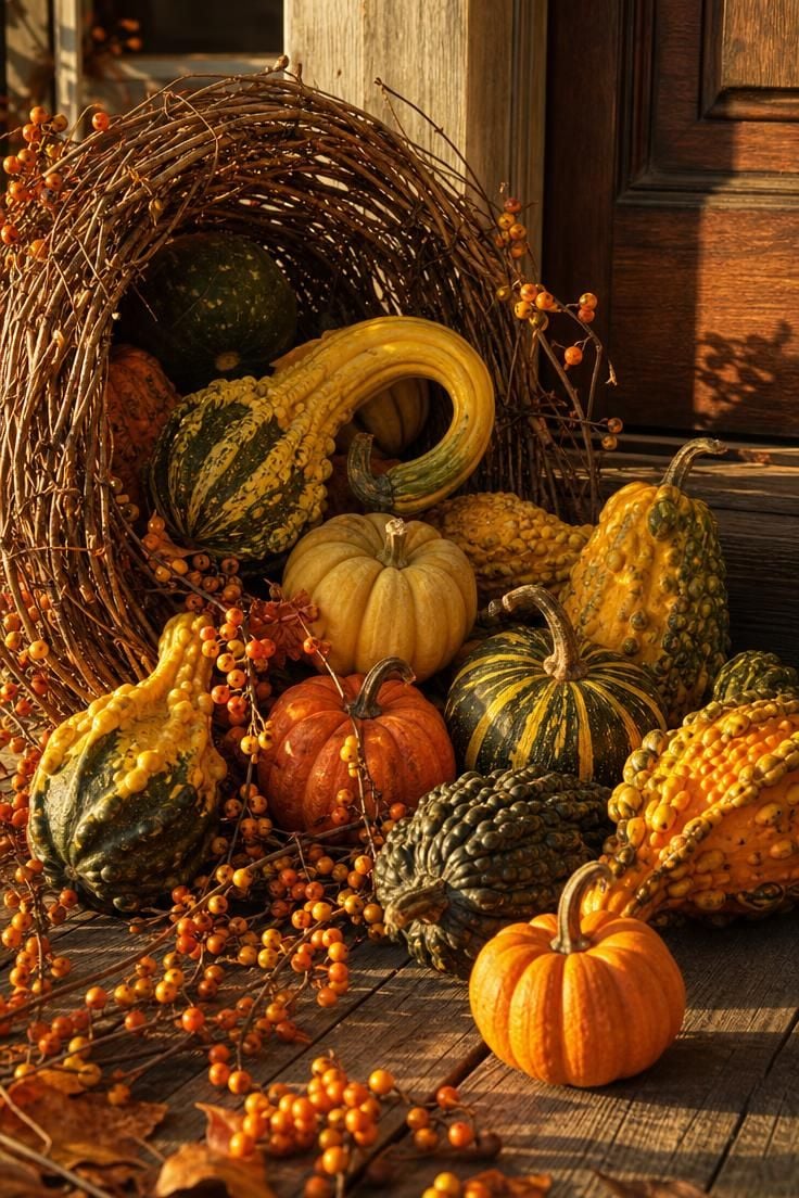 17 Cozy Fall Outdoor Decor Ideas for a Warm Welcome 11 Twig basket tipped on its side spilling gourds, mini pumpkins, and bittersweet vine across porch boards in golden light.