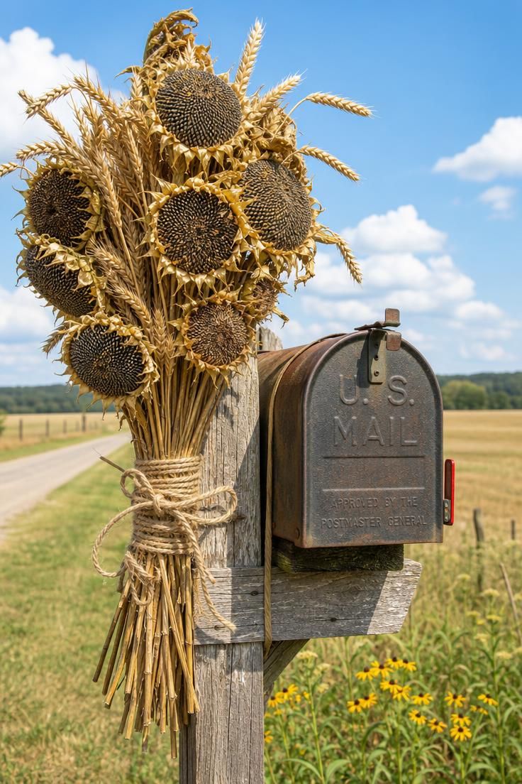 17 Cozy Fall Outdoor Decor Ideas for a Warm Welcome 13 Dried sunflower and wheat bundle tied with jute to a rural mailbox post under clear bright midday light.