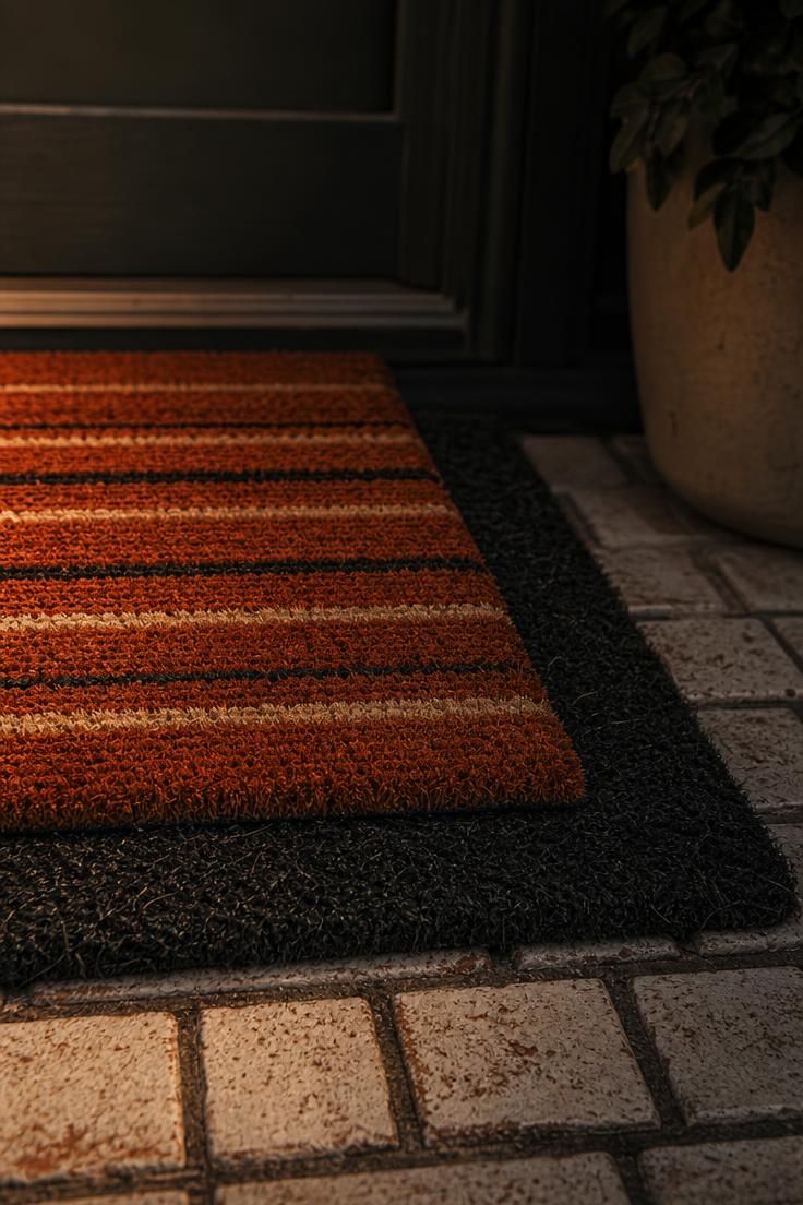 17 Cozy Fall Outdoor Decor Ideas for a Warm Welcome 15 Layered doormat stack with a burnt-orange striped runner over a charcoal coir mat on pale bricks in low light.